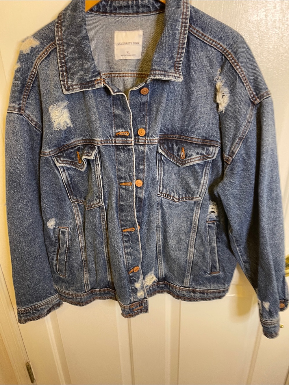 Celebrity Pink  Distressed Light Blue Denim Jacket with Orange Stitching
